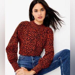 Loft - Leopard Print Mock Smocked Neck And Cuffs Flowy Long Sleeve Blouse XXSP